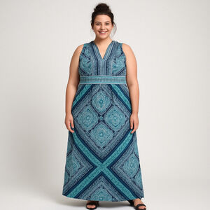 Wisp Dress Womens 2X Blue Green Sleeveless‎ Maxi Flowy Boho Geometric Print